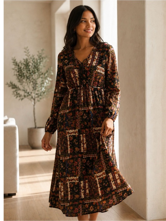 Zara Dresses & Skirts - ZARA Bohemian Floral Patchwork Midi Dress - Black Multi Sz:S